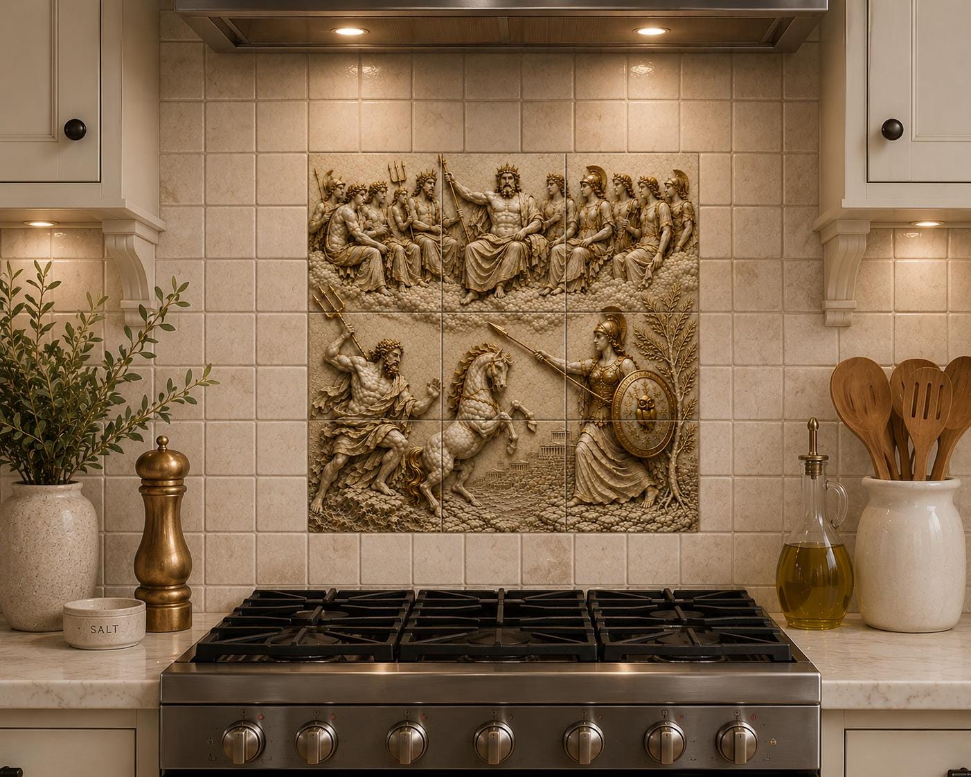 Athena and Poseidon Tile Mural | Greek Mythology Ceramic Backsplash | Marble Relief Wall Art