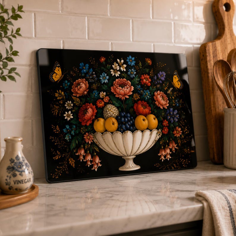 Dark Botanical Tempered Glass Cutting Board