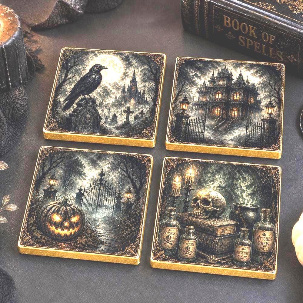 Vintage Halloween Coasters Set of 4 Gothic Dark Academia Decor Gift