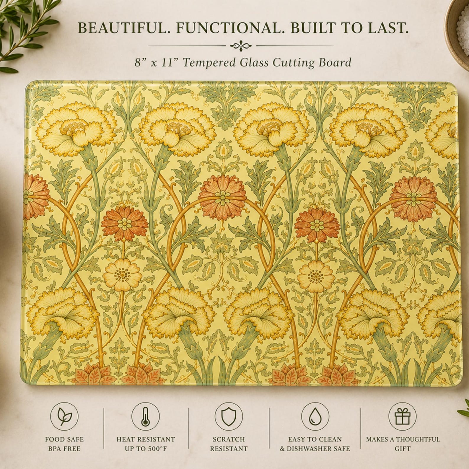 William Morris Style Lemon Botanical Tempered Glass Cutting Board