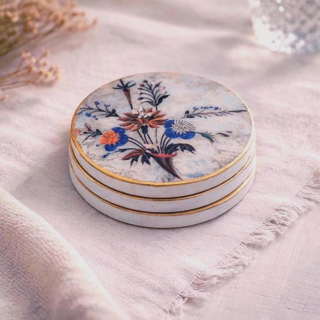 Mughal Art Coaster Set of 4, Blue Floral Gold Rim Handmade Indian artisan Decor
