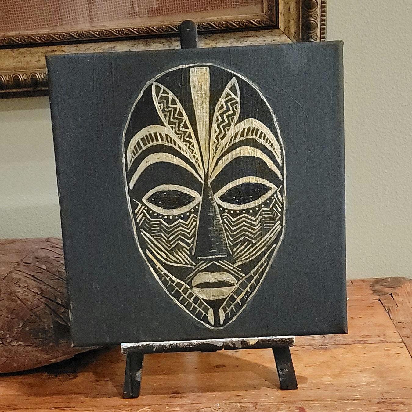 Original Oil Painting African Mask Art – Abstract Tribal Wall Art – 12x12 Canvas