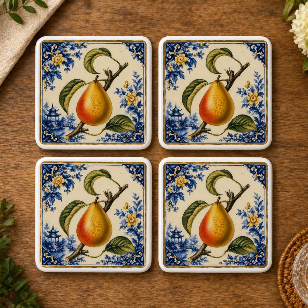 Botanical Print Pear Coasters Set of 4, Chinoiserie Kitchen Grandmillenial Decor Gift