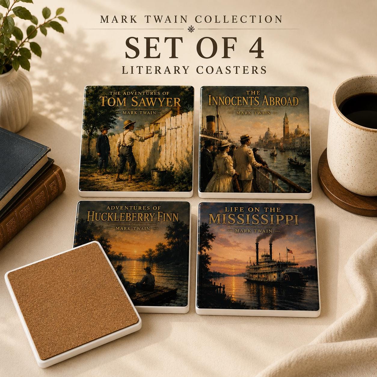 Mark Twain Coasters Set of 4 | Literary Book Coasters | Tom Sawyer & Huckleberry Finn Decor
