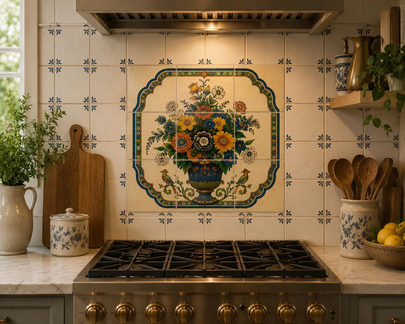 Dutch Floral Ceramic Tile Mural | 12x12 inches Museum Inspired Botanical Kitchen Tile Decor