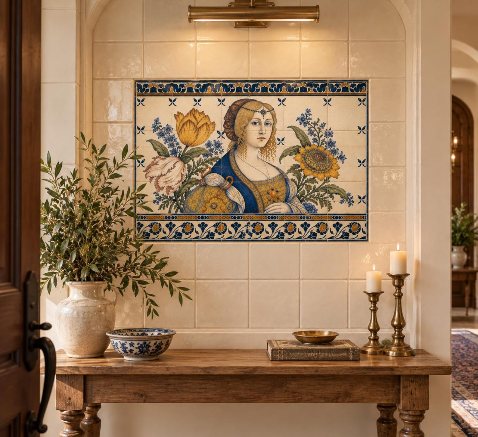Renaissance Tile Mural | Italian Floral Backsplash & Antique Portrait