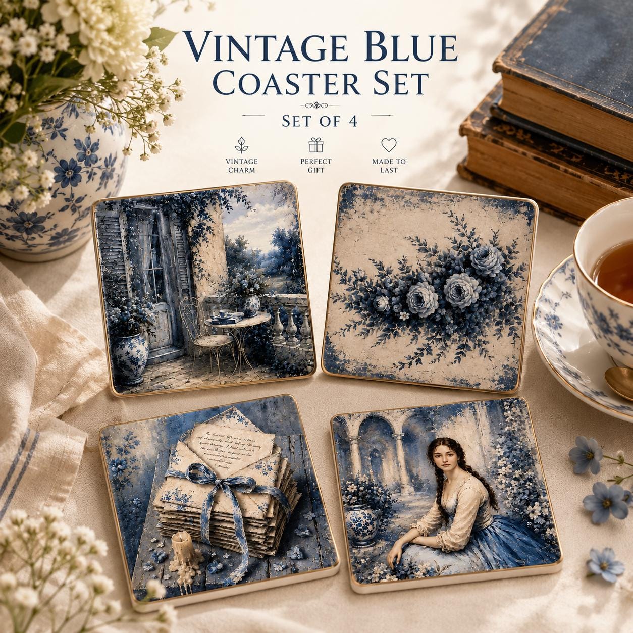 Blue Porcelain Romance Drink Coasters Set Blue White French Cottagecore Tabletop Decor
