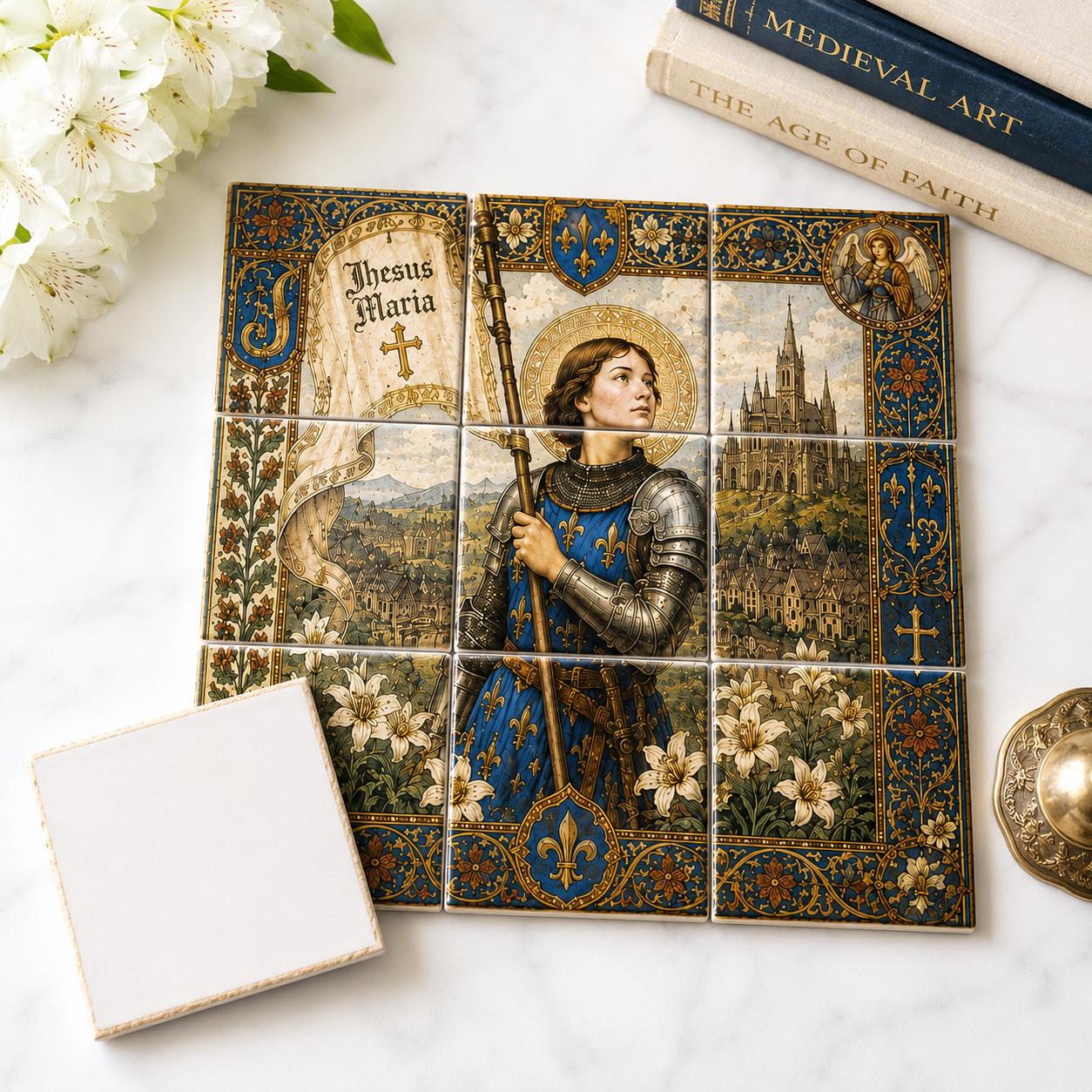 Joan of Arc Ceramic Tile Mural | Medieval Illuminated Manuscript Wall Art, Kitchen Backsplash