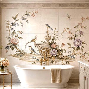 May include: A white freestanding bathtub sits before a large wall mural featuring a decorative stone fountain, three birds, and floral vines in shades of pink, purple, and green. A beige towel hangs over the edge of the tub, and a dragonfly is depicted.