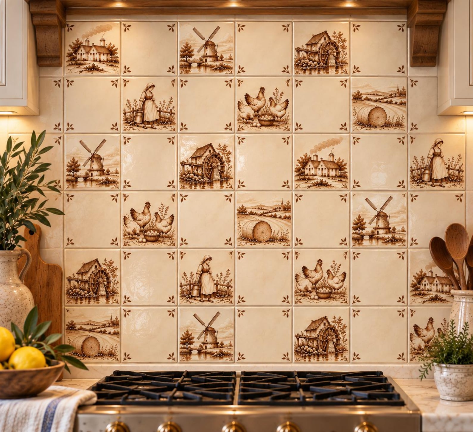 Brown & Ivory Farmhouse Ceramic Tiles | Delft-Inspired Country Backsplash