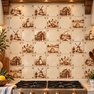 May include: A kitchen backsplash composed of square ceramic tiles featuring brown ink illustrations of rural scenes, including windmills, watermills, farmhouses, hay bales, chickens, and figures in traditional clothing on a cream background.
