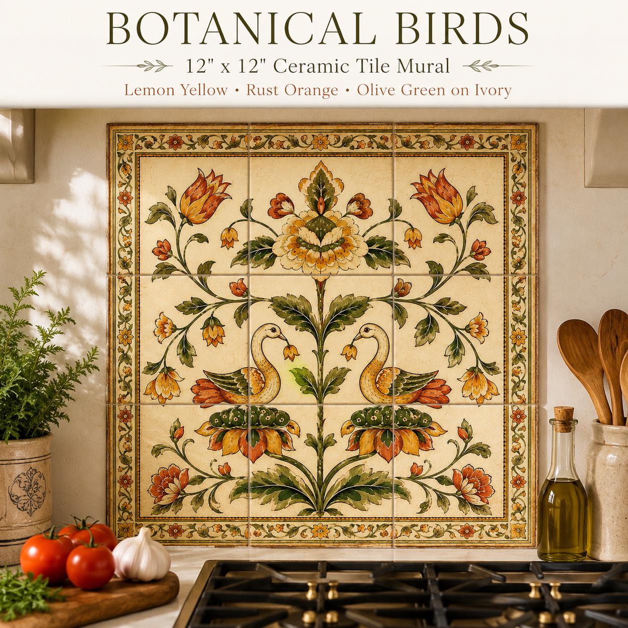 Decorative Tile Mural | Museum Inspired Botanical Birds | Kitchen Backsplash | Ceramic Wall Art