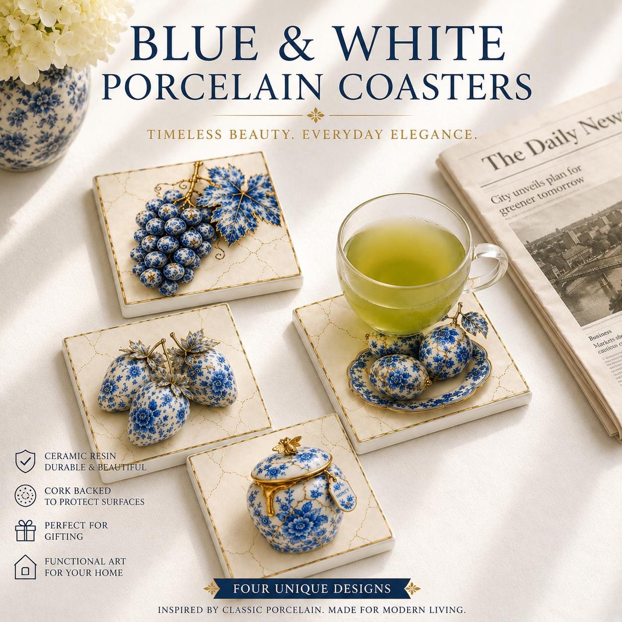 Blue White Porcelain Style Coasters Chinoiserie Honey Bee Fruits Ceramic Resin Set