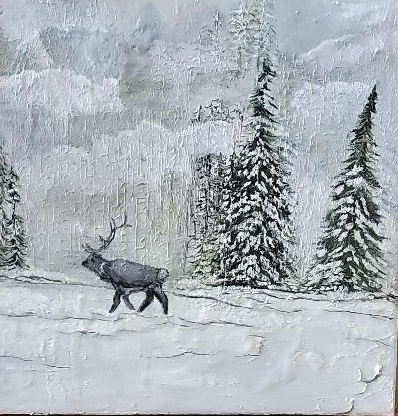 Original Oil Painting Winter Deer Landscape – Snowy Forest Wall Art – 12x12 Canvas