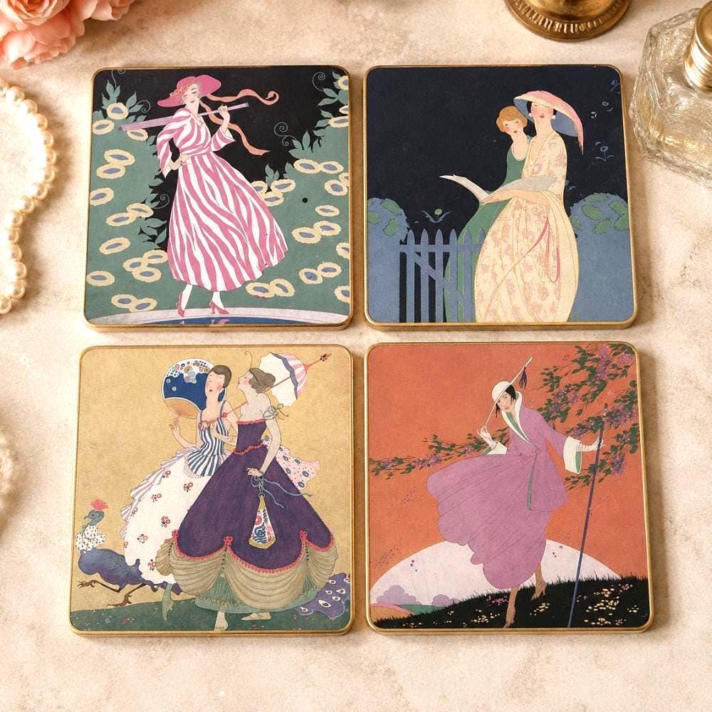 Art Deco Fashion Coasters Set Vintage Fashion Illustration Glam Decor