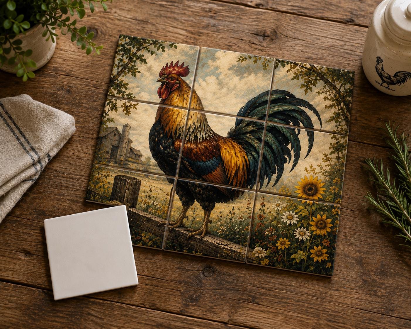 Farmhouse Rooster Ceramic Tile Mural | Rustic Country Kitchen Wall Art | 9 Piece Set