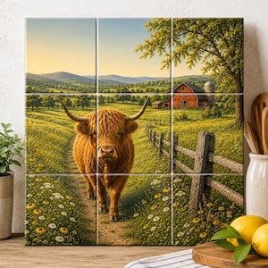 May include: A square wall art piece composed of nine tiles featuring a shaggy ginger Highland cow standing on a dirt path in a field of yellow and white wildflowers, with a red barn, a silo, and rolling green hills under a clear sky.