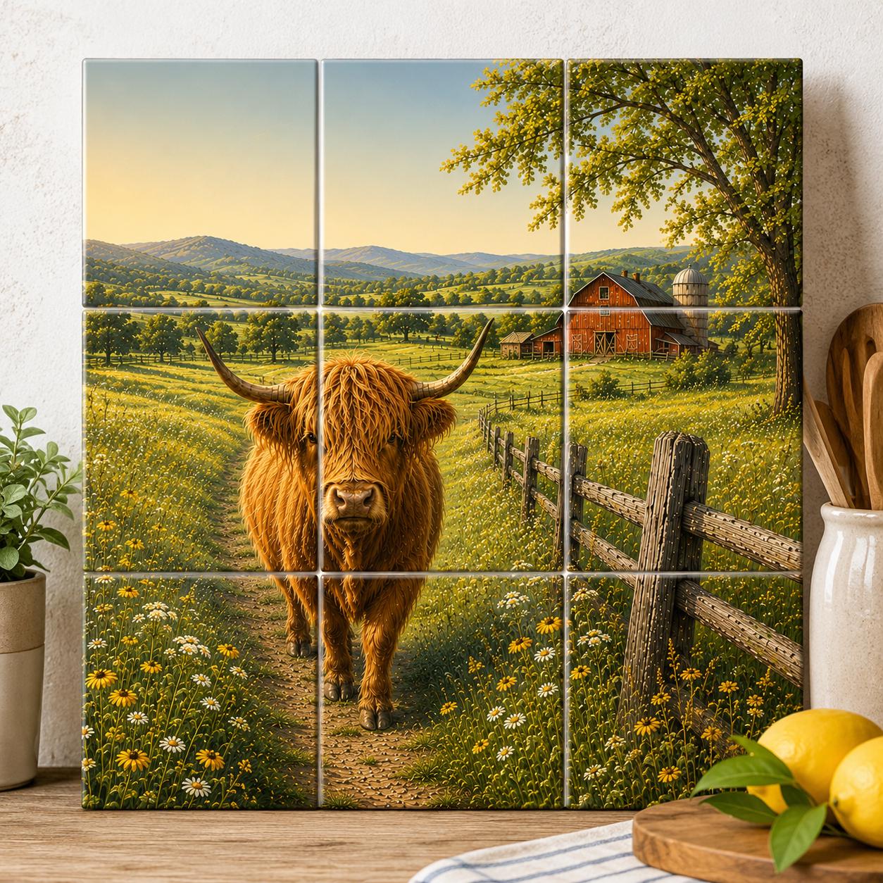 Farmhouse Highland Cow Ceramic Tile Mural | Rustic Country Kitchen Wall Art | 9 Piece Set