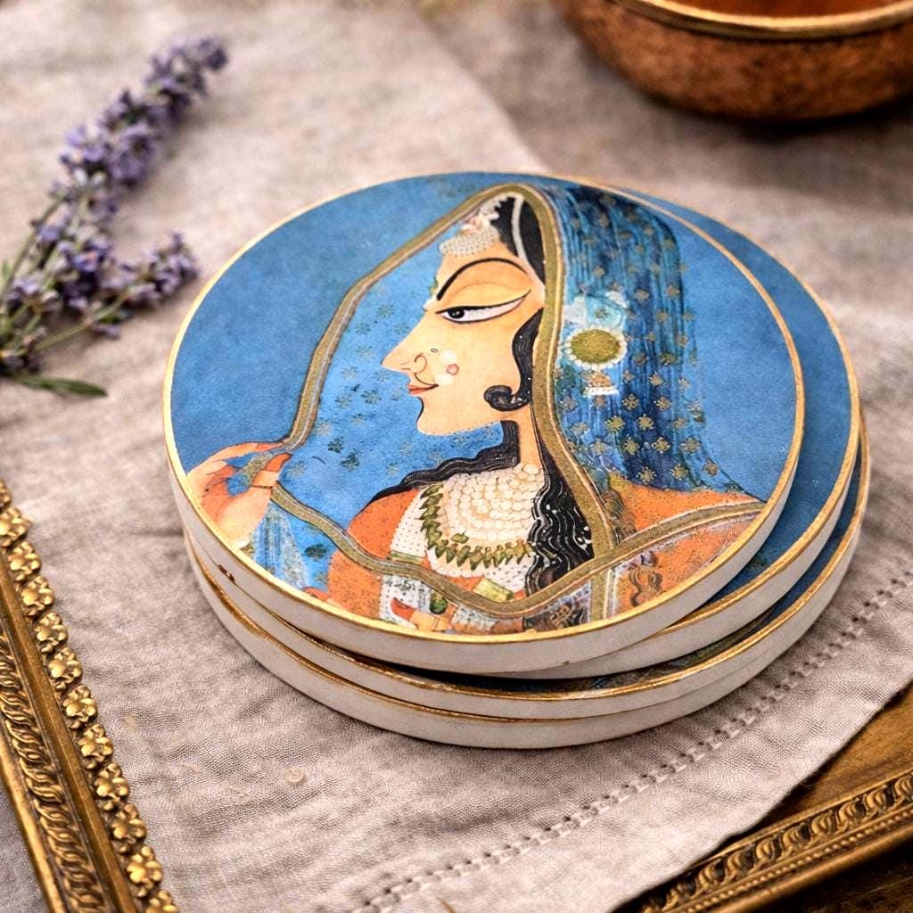 Mughal Art Royal Coaster Set – Blue Gold Trimmed Artisan Drink Coasters