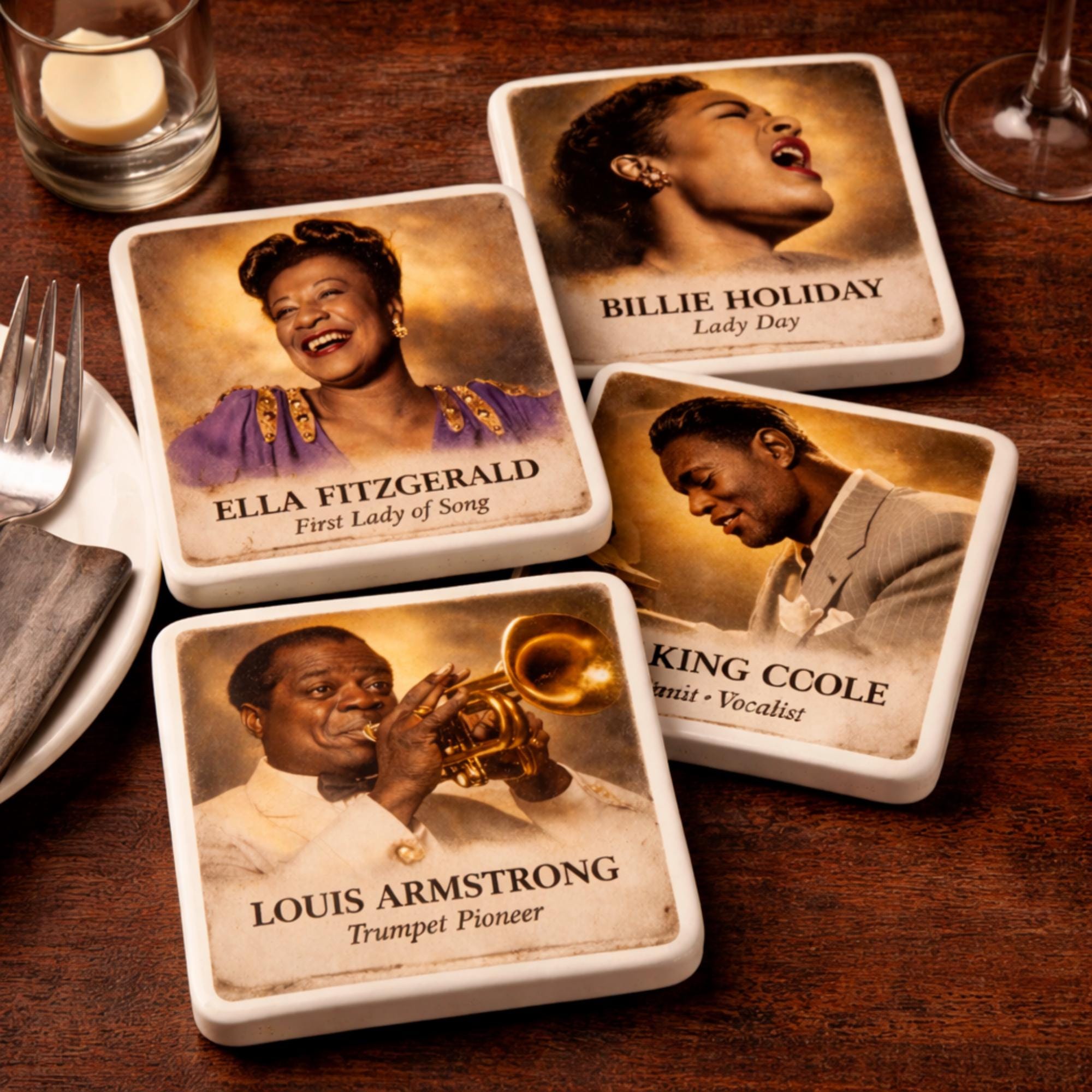 Jazz Coasters Set of 4 Billie Holiday Ella Fitzgerald Music Fathers Day Gift