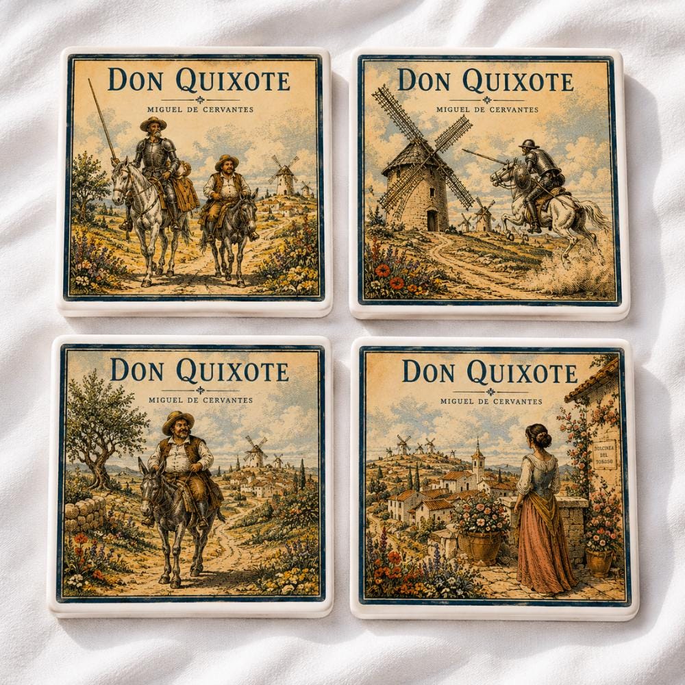 Don Quixote Coaster Set of 4, Literary Book Lover Gift, Miguel de Cervantes Decor