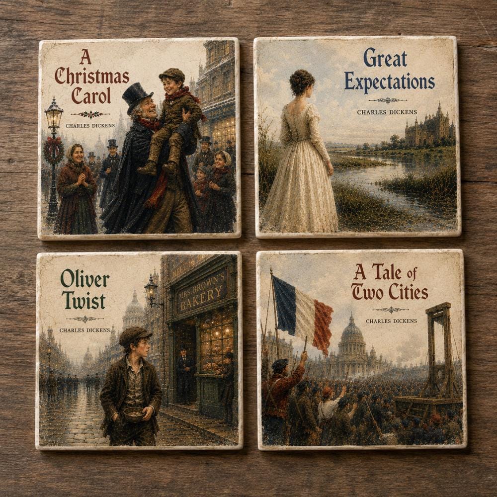 Charles Dickens Coasters Set Victorian Literary Dark Academia Book Lover Gift