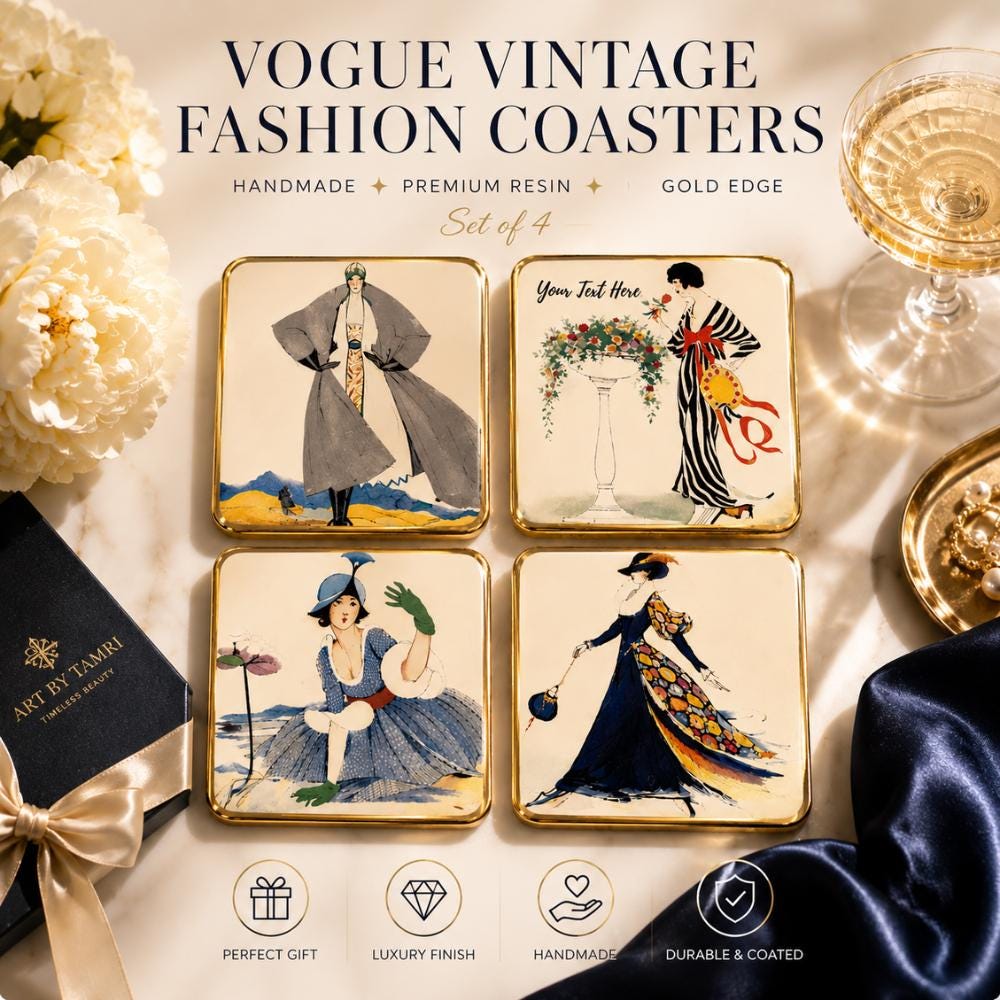Luxury Vintage Fashion Coasters, Vogue Inspired Art Deco Coaster Set with Gold Edges