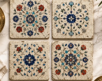 Mughal Marble Inlay Ceramic Coasters | Pietra Dura Set of 4 | Vintage Palace Decor