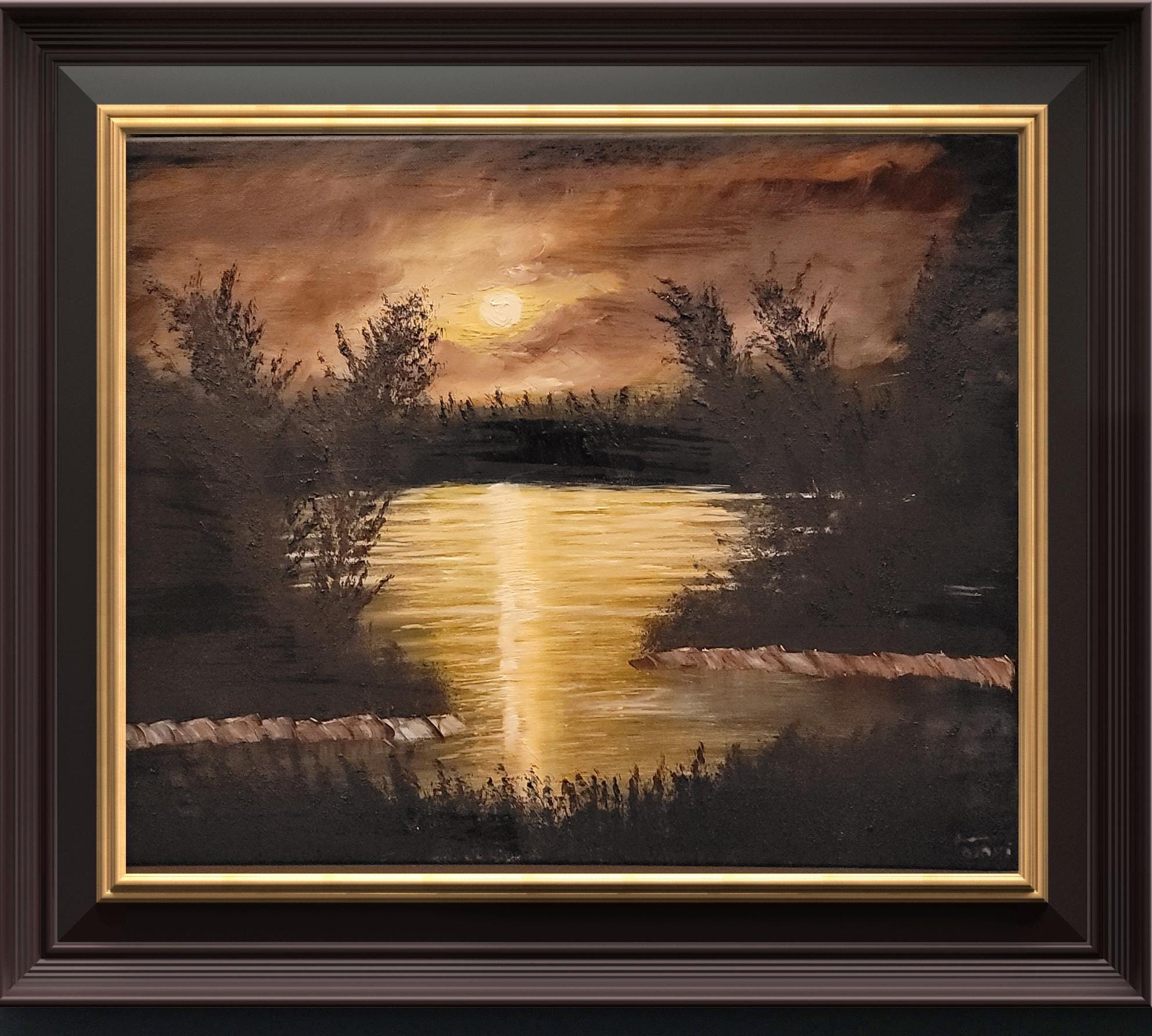 Original Oil Painting Sunset Landscape – Atmospheric Lake Wall Art – 20x16 Canvas