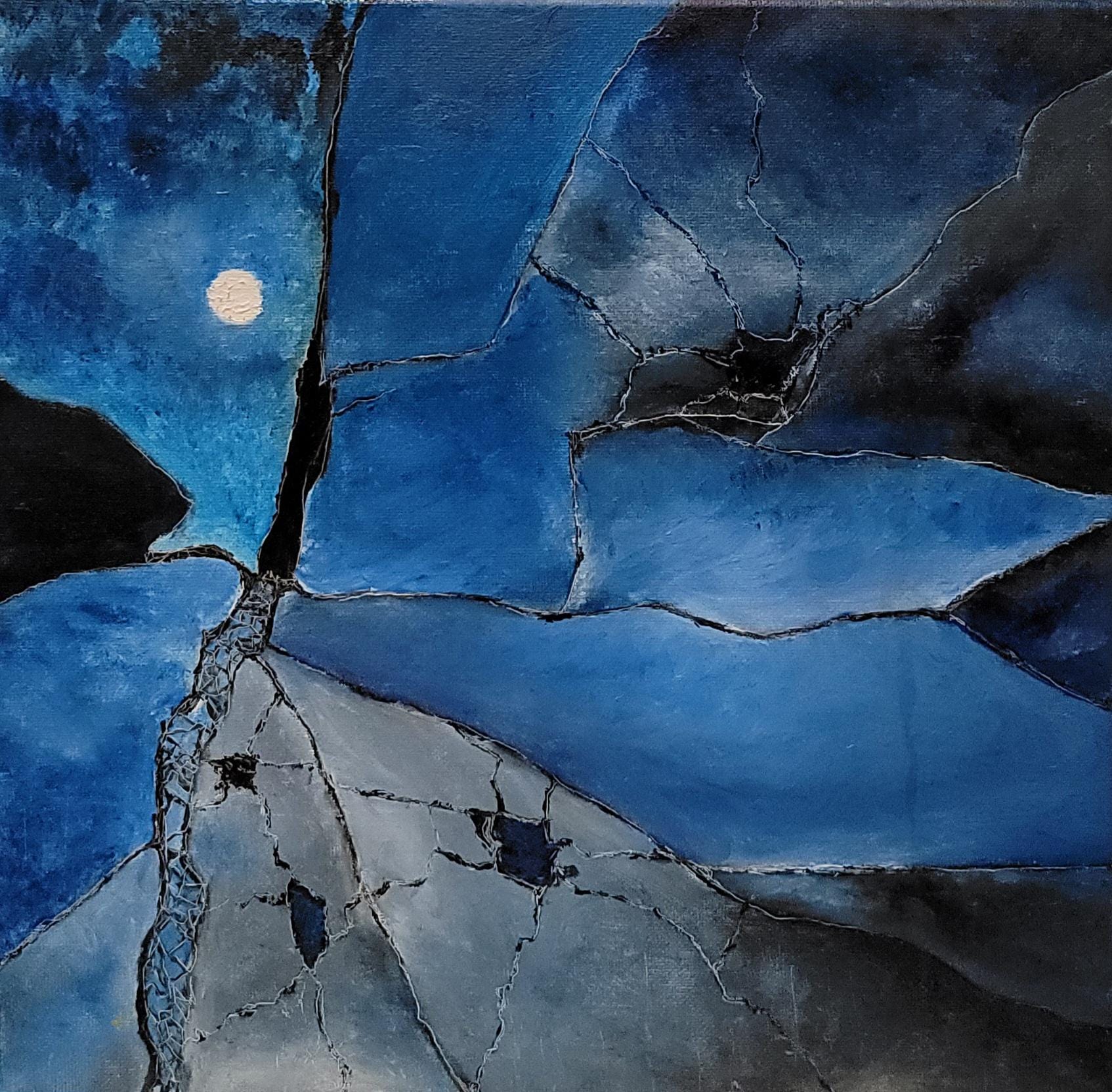 Original Oil Painting Night Sky – Abstract Blue Moon Wall Art – 12x12 Canvas