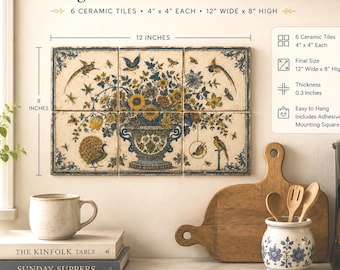 Delft Floral Tile Mural Set of 6 | Blue & Yellow Botanical Art | Dutch pottery Inspired
