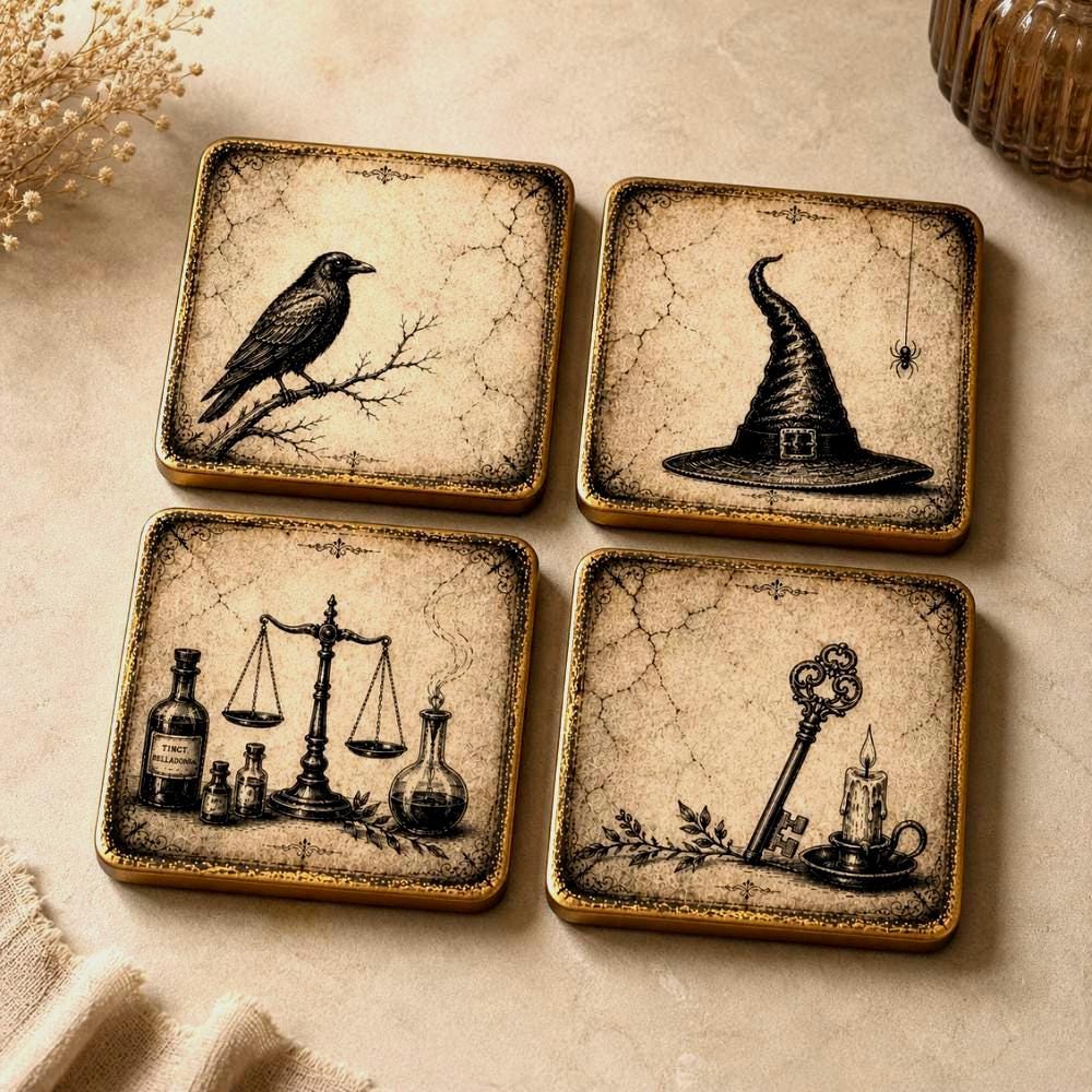 Vintage Halloween Coasters Set of 4 Gothic Witch Raven Apothecary Decor