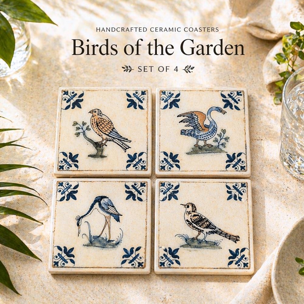 Dutch Tile Ceramic Coasters, Set of 4 | Blue and White Bird Designs