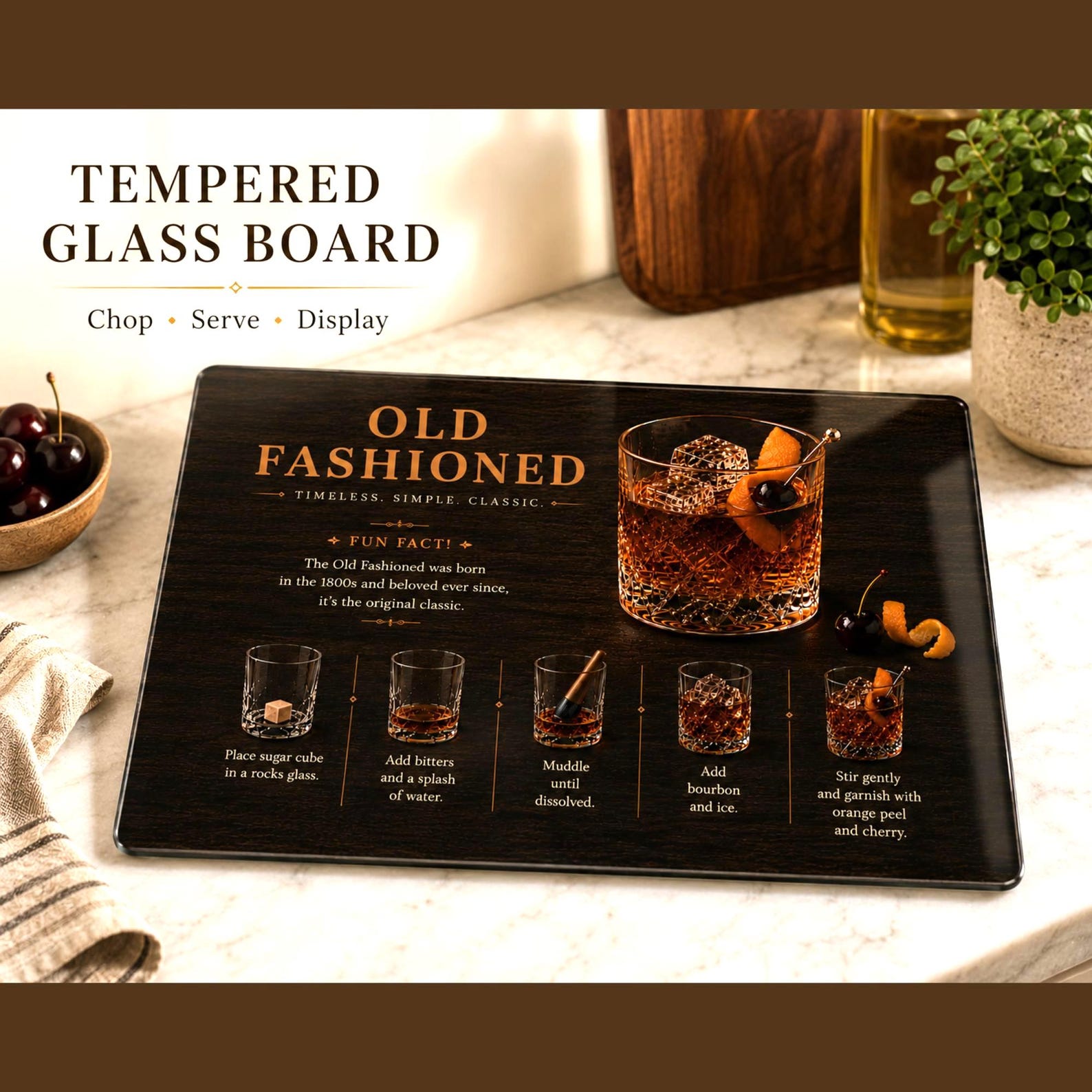 Old Fashioned Cocktail Tempered Glass Cutting Board