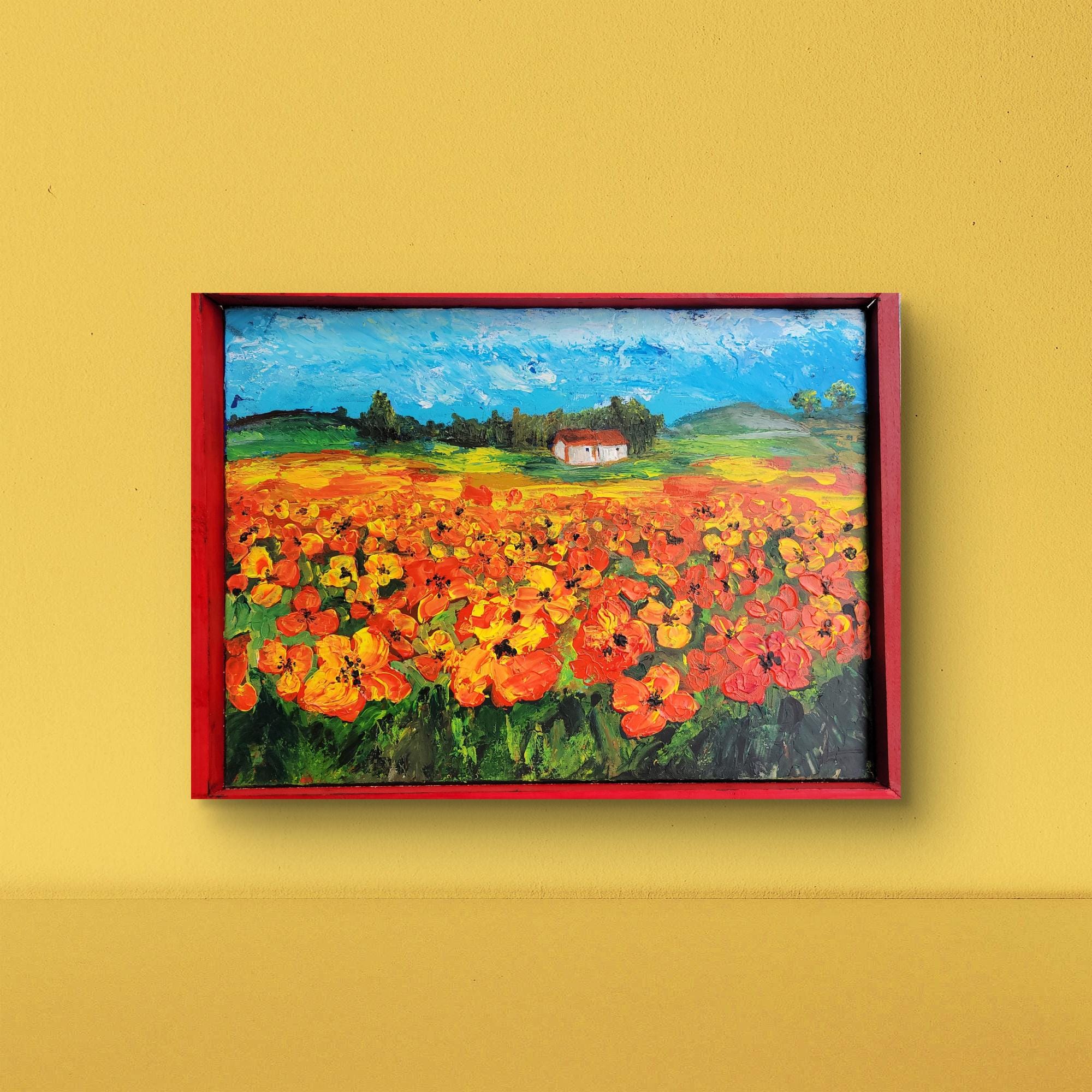 Original Oil Painting Poppy Field – Impressionist Floral Landscape Wall Art – Framed Canvas