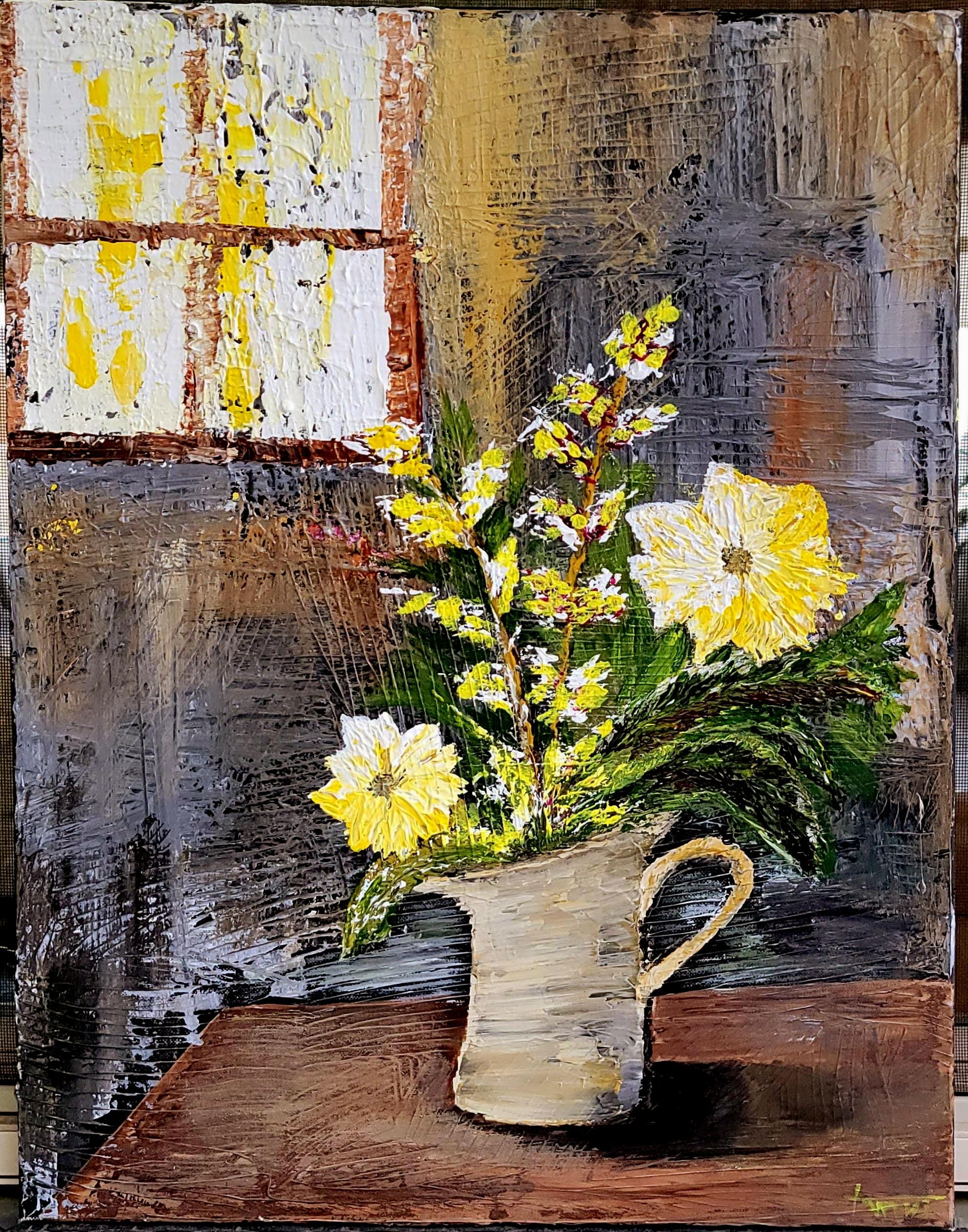Sunlit Window Oil Painting, Floral Still Life Vase Art, 18x24 Canvas