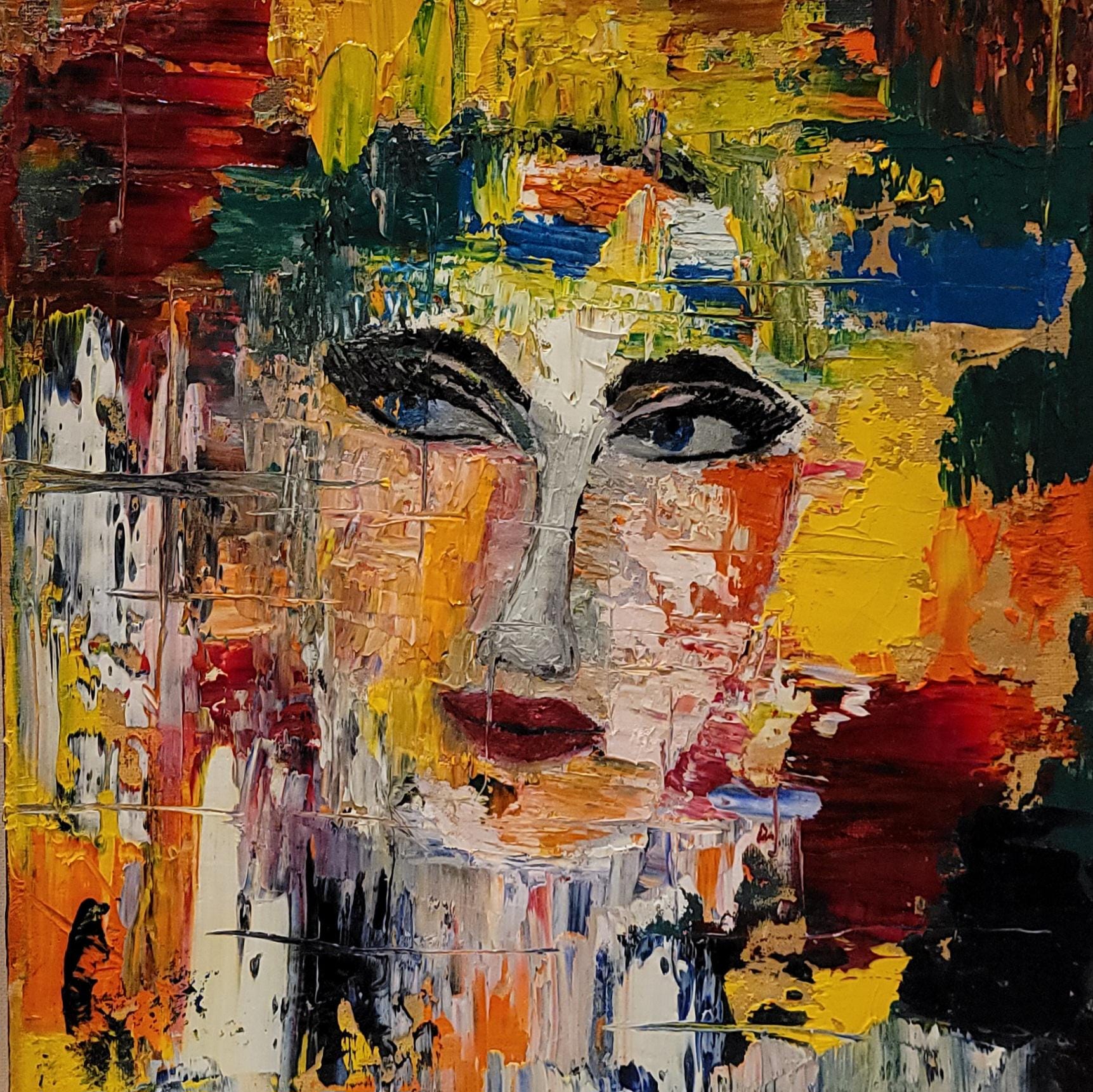Textured Abstract Portrait Oil Painting, Colorful Modern Face Art, 12x12 Canvas