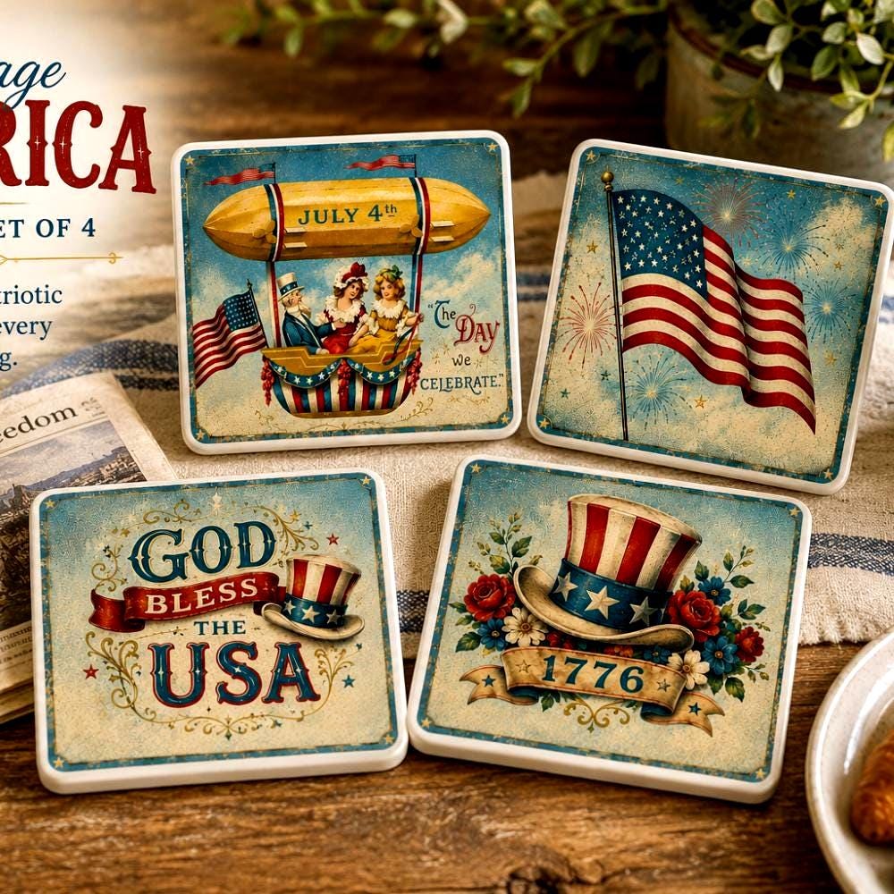 Vintage Americana Coaster Set Patriotic July 4th USA Flag Retro Farmhouse Table Gift