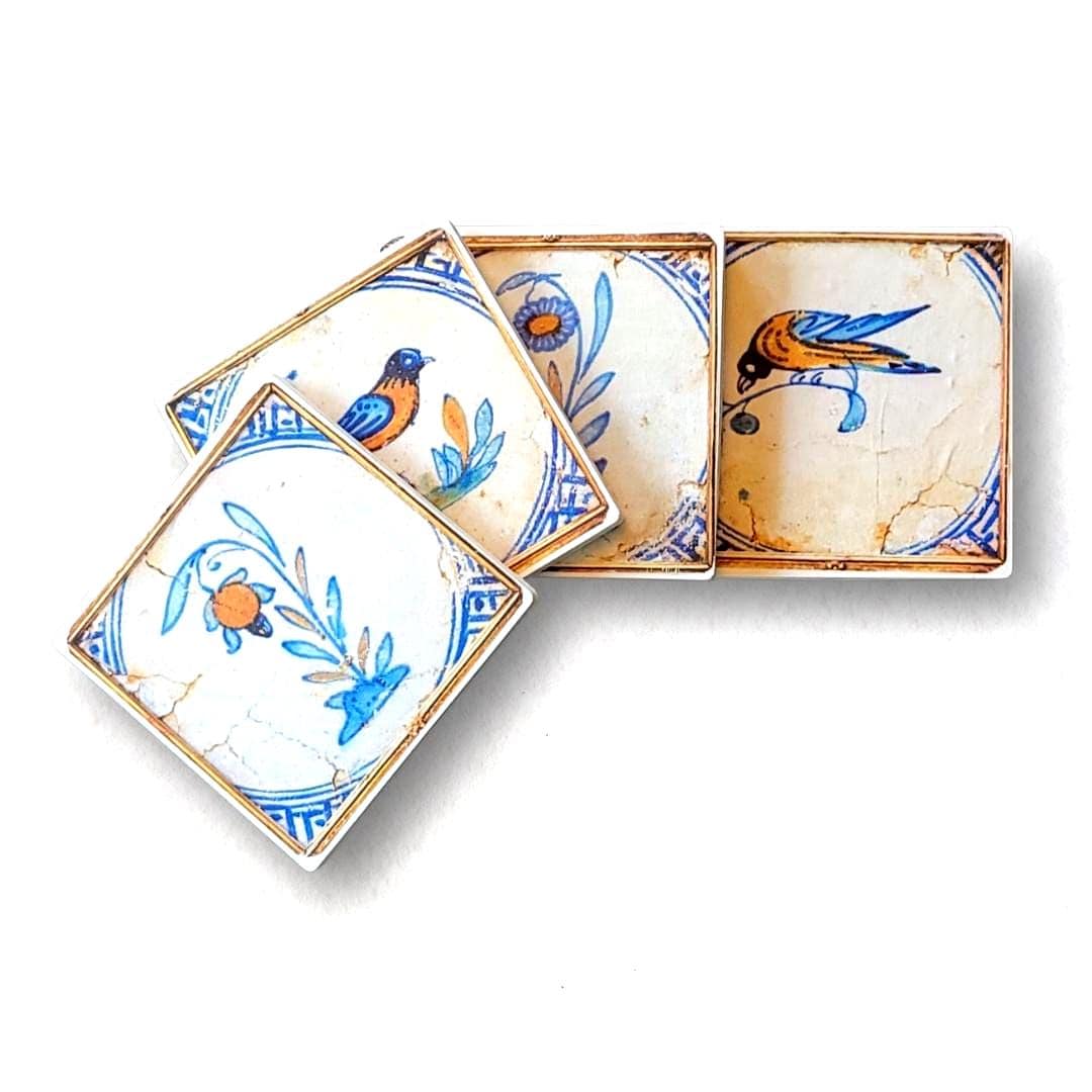 Turkish Style Inspired Bird Coasters Set of 4 | Blue White Tile Art | Boho Decor
