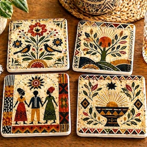 May include: Set of four square ceramic coasters with colorful folk art designs. Each coaster features a unique illustration of birds, trees, figures, and geometric patterns in shades of red, green, yellow, and black on a cream background.