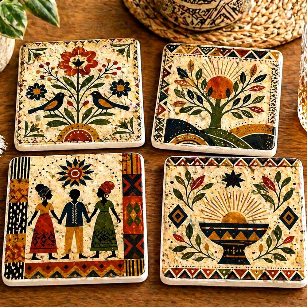 African Inspired Drink Coasters Set of 4 Folk Art Juneteenth Gift Decor