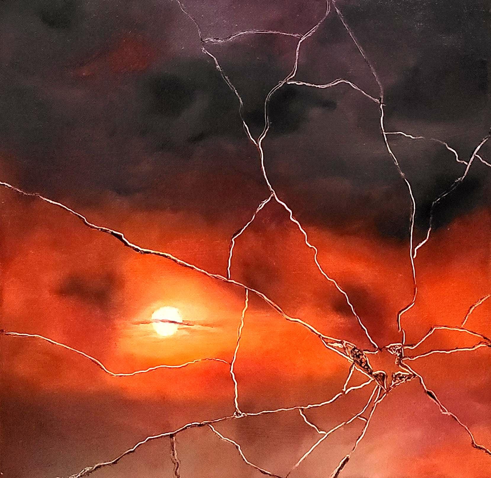 Original Oil Painting Stormy Sky – Abstract Broken Glass Wall Art – 12x12 Canvas