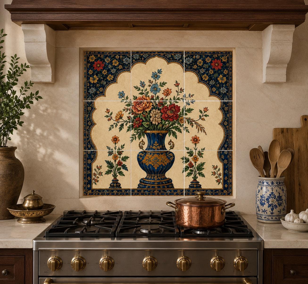 Persian Wall Art | Floral Ceramic Tile Mural | Museum Inspired Kitchen Backsplash