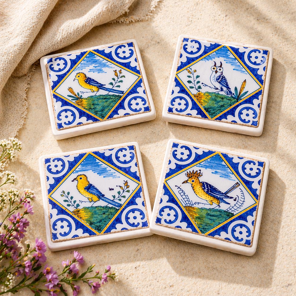 Dutch Delft Bird Tile Coasters Set – Blue White Ceramic Kitchen Decor