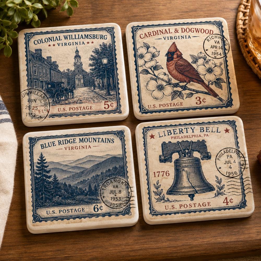 Americana Gift Coaster Set, Colonial Williamsburg & Blue Ridge Mountains, Vintage Postage Stamp Decor