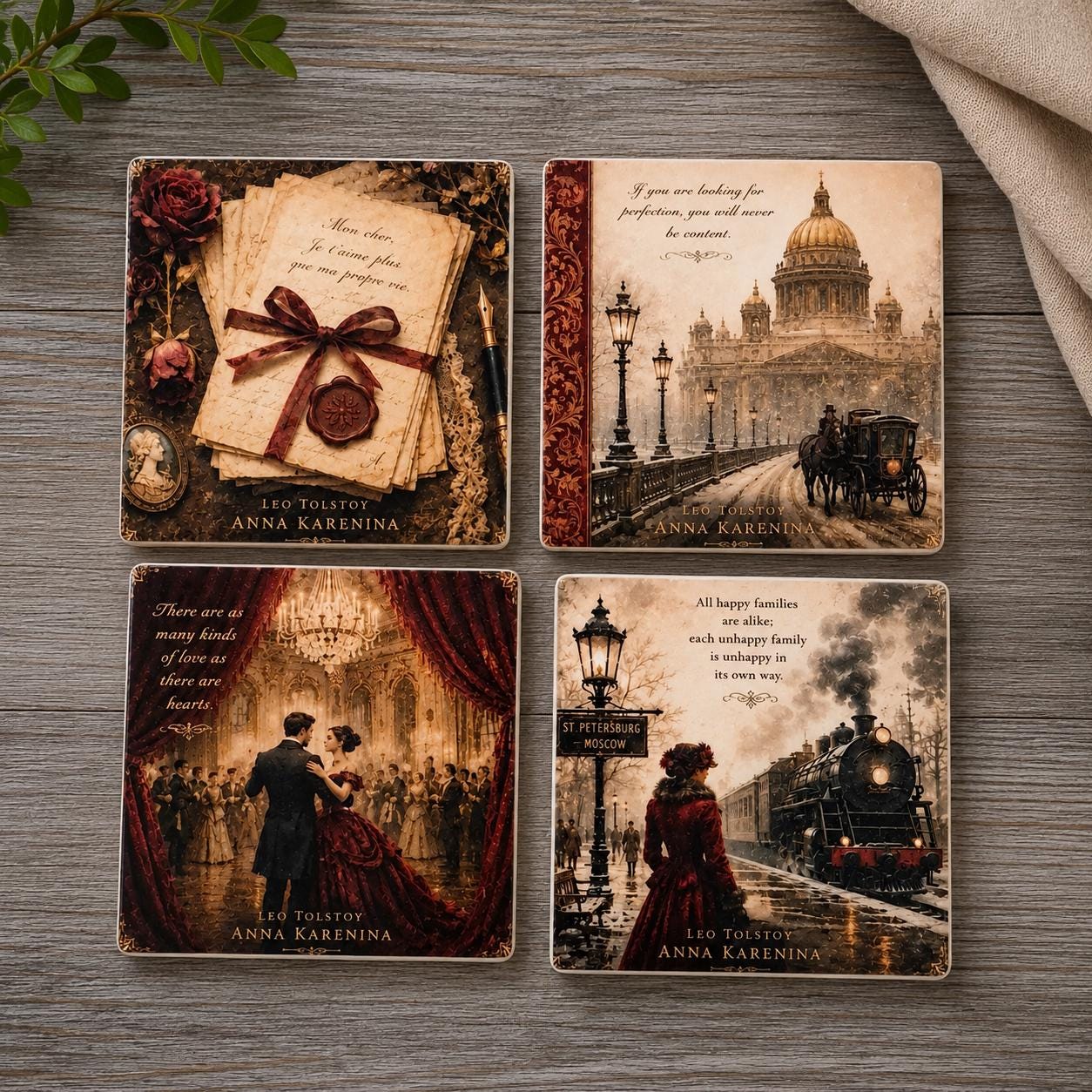 Anna Karenina Coasters Set of 4 Literary Gift for Book Lovers Dark Academia Decor
