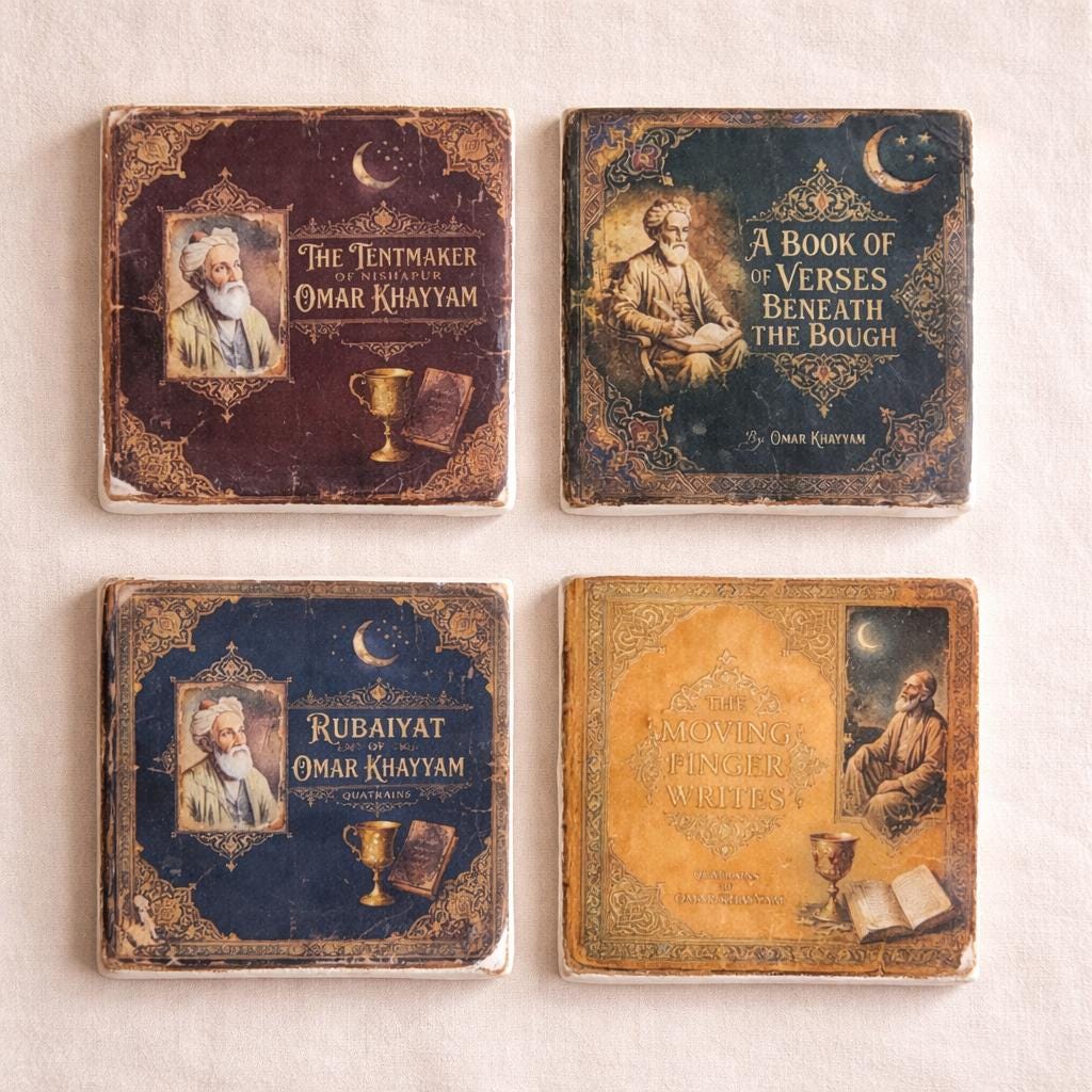 Rubaiyat of Omar Khayyam Book Cover Coasters – Vintage Literary Set of 4