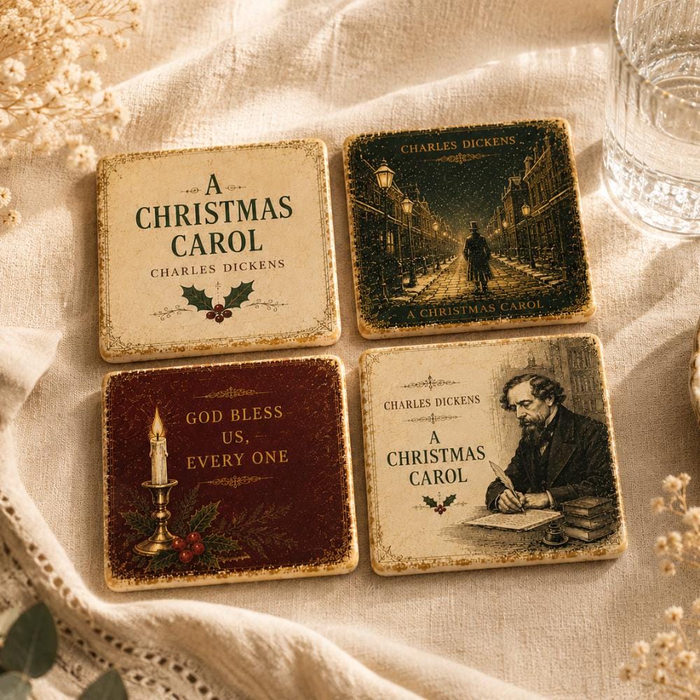 A Christmas Carol Coasters Set of 4 Charles Dickens Vintage Holiday Decor