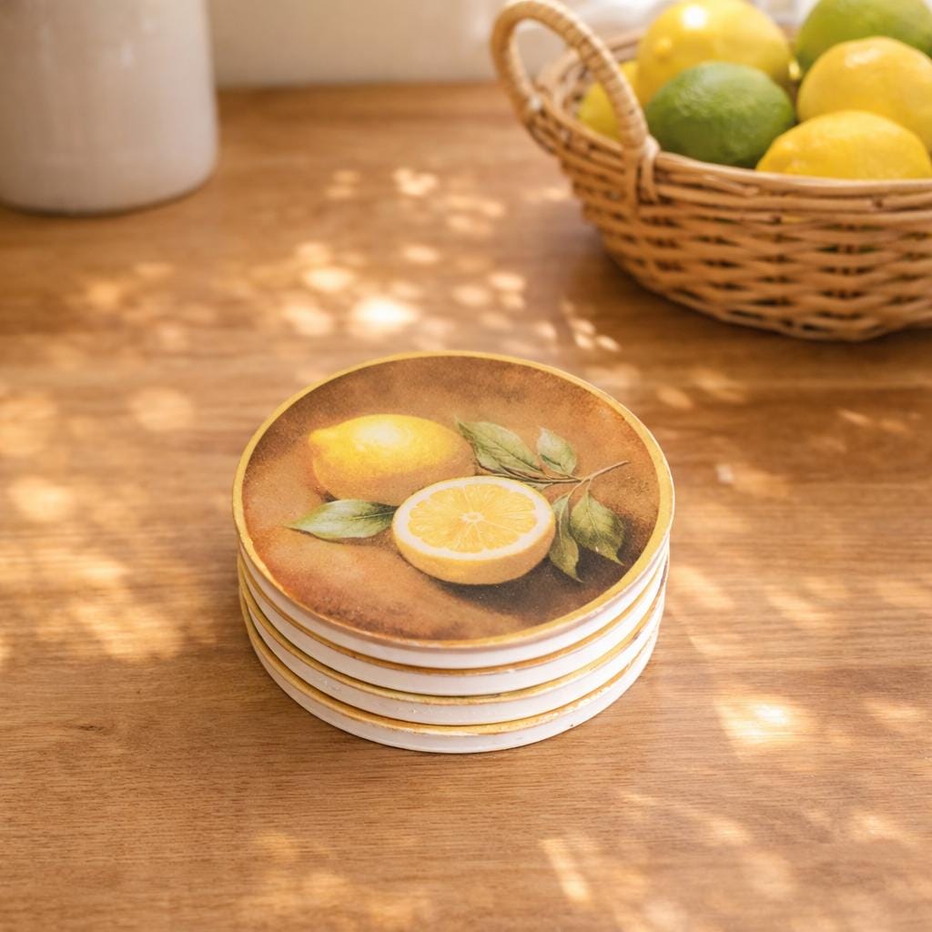 Summer Coaster Set of 4, Mediterranean Lemon Kitchen Decor, Italian Citrus Drink Coasters