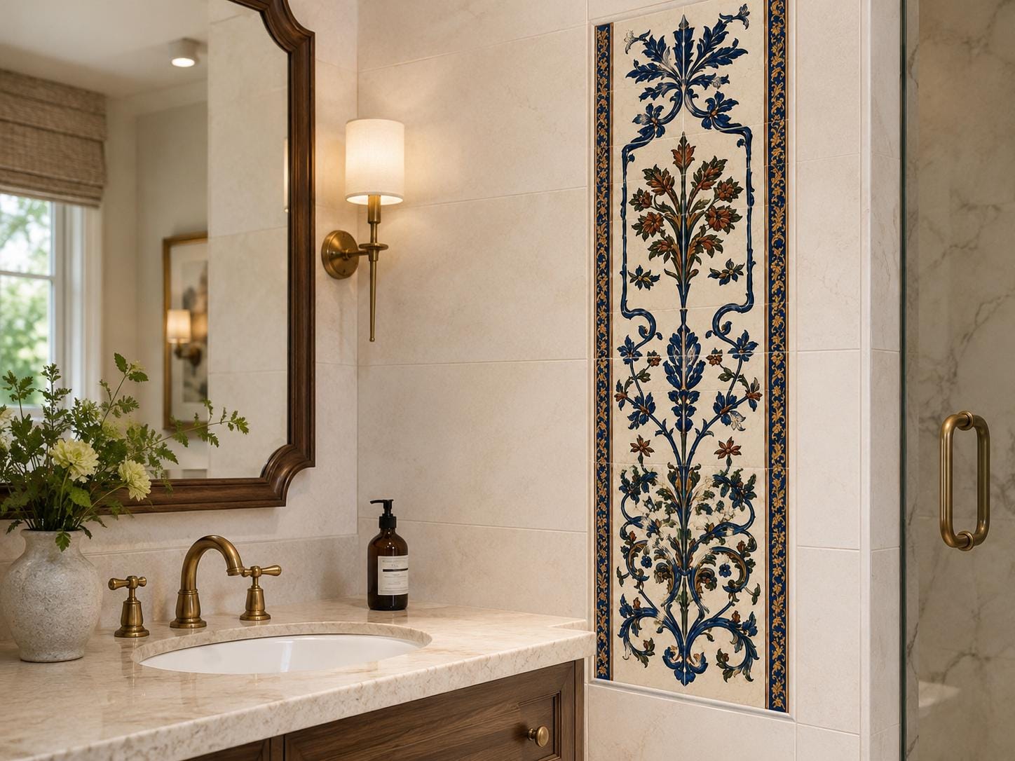 Mediterranean Floral Ceramic Tile Border Panel | Blue and Gold Decorative Wall Accent